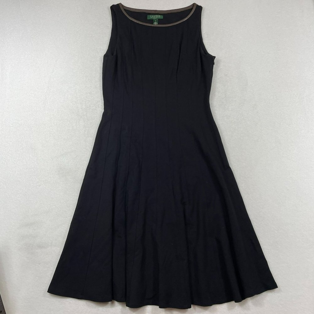Lauren Ralph Lauren Fit Flare Below Knee Dress Size 8 Black Lamb Leather Trim